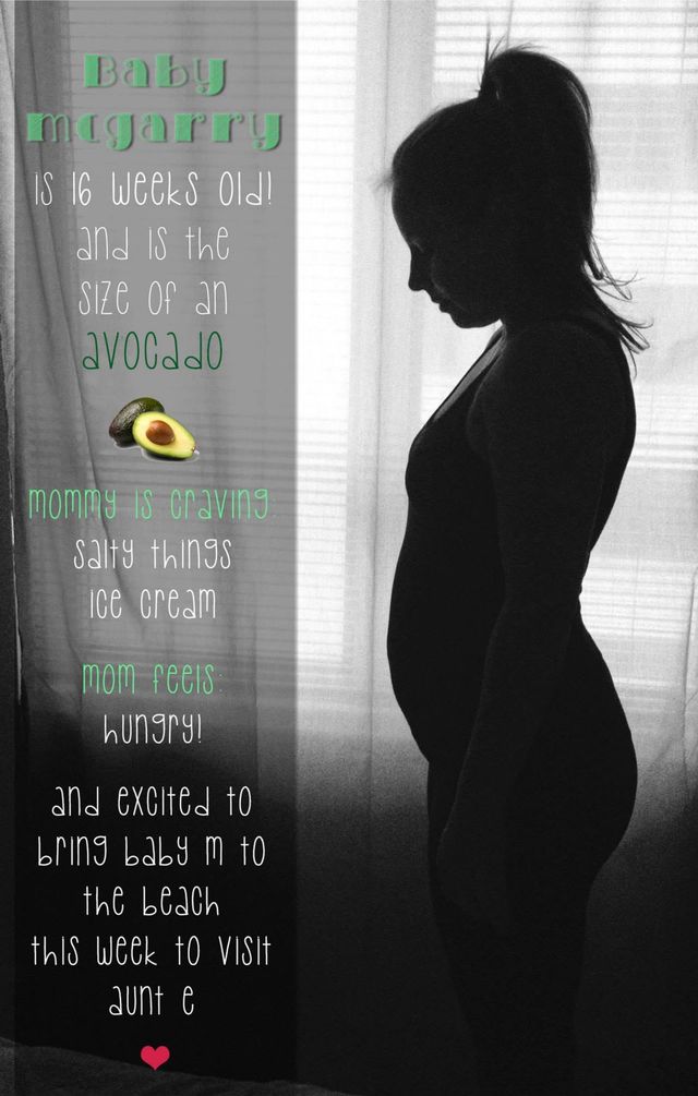 Week 16 card from the original 2013 bump album: a window silhouette, baby the size of an avocado