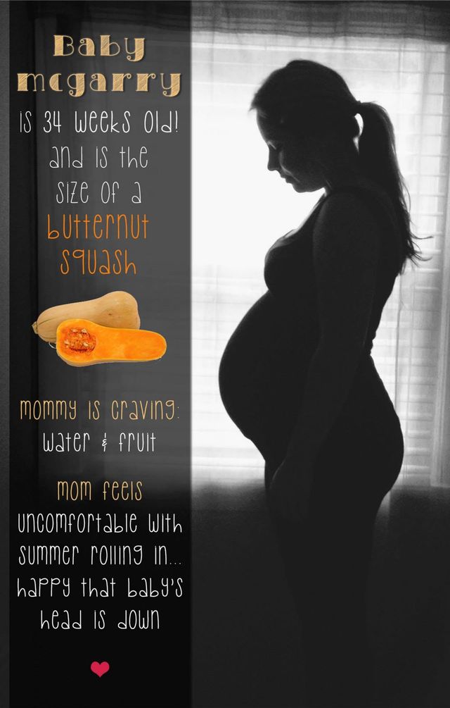Week 34 card from the original 2013 bump album: a window silhouette, baby the size of a butternut squash